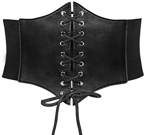 JASGOOD Women's Elastic Costume Waist Belt Lace-up Tied Waspie Corset Belts for Women, Black,Fits Waist 27-30 Inches