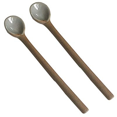 zxb-shop Durable Spoon 2 Pieces Handmade Ceramic Long Handle Spoon Retro Coffee Yoghurt Spoon Robust Spoon Kitchen Cooking Tool 6.49 x 1.1 cm Tablespoon