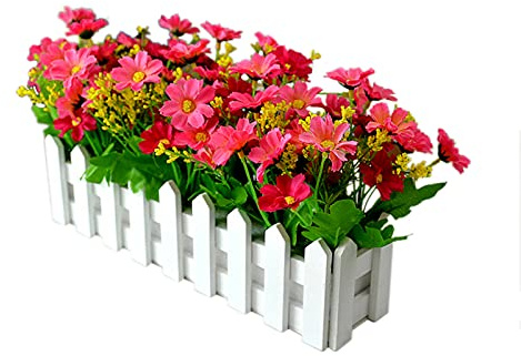 Marooma Artificial Flowers in Picket Fence Pot - Fake Jumping Orchid Chrysanthemum Plants - Mini Potted Plant for Indoor Farmhouse Wedding Home Decor(Rose Red)