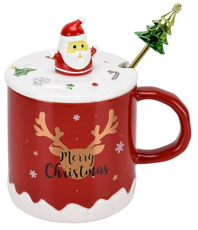 XinHuiGY Tazza da caffè di Natale, in ceramica, con coperchio 3D e cucchiaio,380 ml, per il giorno del Ringraziamento, regalo di Halloween per donne, uomini, ragazze e ragazzi (Rosso)