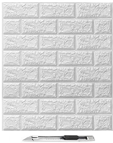 Art3d 30 Pcs 3D Brick Wallpaper in White, Faux Foam Brick Wall Panels Peel and Stick, Waterproof for Bedroom, Living Room, and Laundry Decor (43.5 Sq.Ft)
