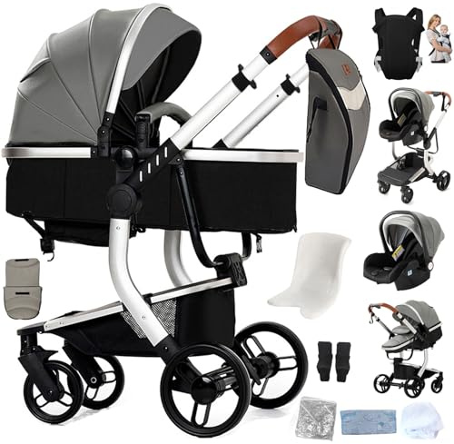 Prokoke PU-Leder Kinderwagen 3 in 1, Kinderwagen Set Einem Klick Faltbar, Kombikinderwagen 3 in 1 Umkehrbarem Zwei-Wege-Schub, Buggy Rahmen Aluminiumlegierung Baby Kleinkind Neugeborene (Grey 518)