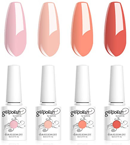 Vishine Geles de Esmalte Semipermanente, Lote de 4 Colores Pastel, Colección Melocotón, Rosa, Naranja, Coral, Nail Art Esmalte de Uñas en Gel para UV LED, Barniz de Manicura 8 ml C023