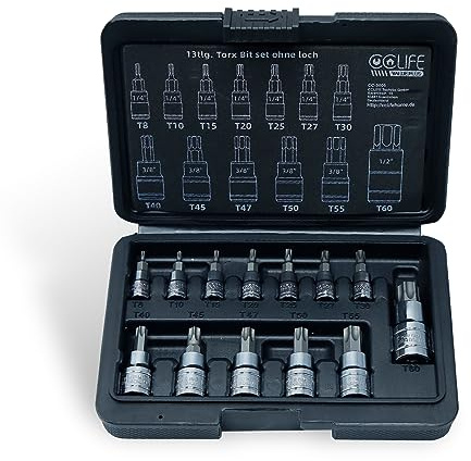 CCLIFE Jeu de 13 embouts Torx douilles à embouts étoilé, T8-T10-T15-T20-T25-T27-T30-T40-T45-T47-T50-T55-T60 entraînement 1/4 3/8 1/2