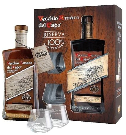 Amaro Del Capo Riserva Del Centenario Caffo CON BICCHIERI 700 ml - Vecchio Amaro Del Capo IDEA REGALO - edizione 2023