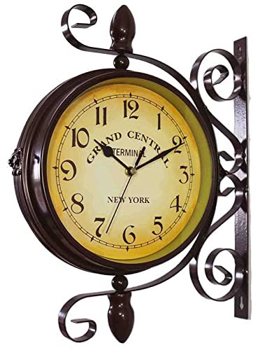 ATAAY Vintage Double Sided Wall Clock, 15 Inch Classical 360 degree Rotation Double Sided Train Station Clock Garden Clock Indoor Outdoor Decoration (Wall Clock)