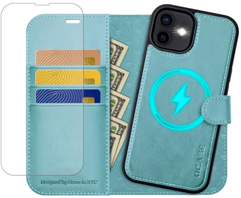 OCASE iPhone 12 Hülle(2in1) Leder Stoßfestes Case [Abnehmbare magnetische Hülle] [Kabelloses Laden] [mit Schutzfolie] iPhone 12 Pro Handyhülle RFID Schutzhülle Etui Klapphülle Blauer See