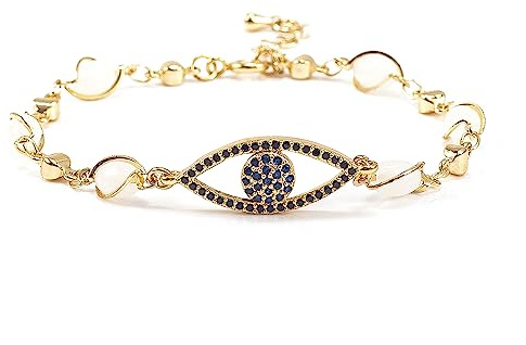Evil Eye Bracelets for Women Girls Ladies Silver Charm Bracelet Lucky Friendship Bracelets Blue Eye Adjustable Link Chain Fashion Jewelry(Gold)