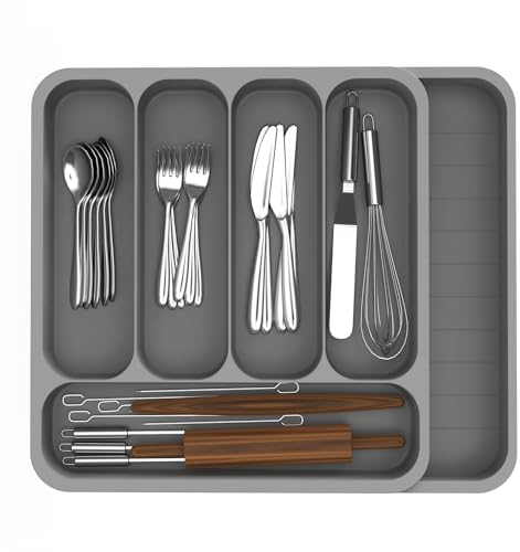 Cutlery Drawer Organiser, Extendable Kitchen Drawer Organiser Storage Trays, Compact Plastic Cutlery Tray for Knives, Forks and Spoons, Large (Grey)