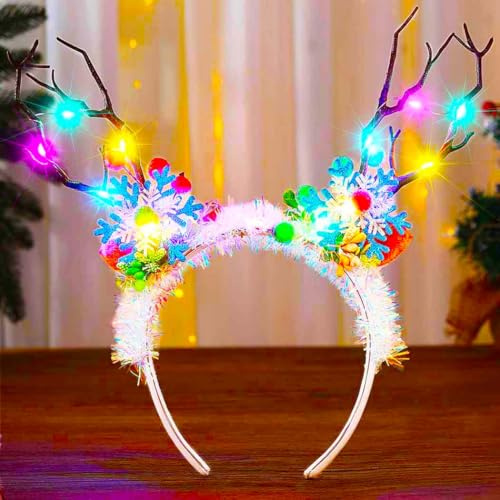 Edary LED Weihnachten Haarreif Leuchtende Schneeflocken Stirnbänder Weihnachtlicher Haarschmuck für Damen