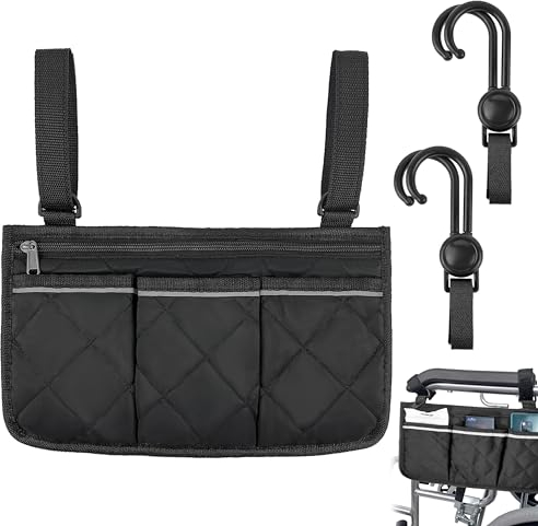 GZqiancang 1 Stk Rollstuhltasche Seitlich, Tragbare Rollstuhltasche mit 4 Stk Haken für Rollstühle, Kinderstühle, Elektrische Stühle, Rollatoren(Schwarz)