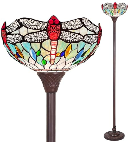 Capulina Tiffany Lamp Stained Glass Torchiere Floor Lamp 12x12x70 Inches Industrial Blackish Bronze Pole Fine Sky Dragonfly Tiffany Style Torch Standing Lamp for Living Room Bedroom Study Home Office
