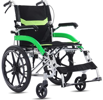 Broobey Portable Folding Wheelchairs Folding Lightweight, Self Propelled Wheelchair, Wheelchair with Brakes, Aluminium, Light Whellchairs for Adults, Green