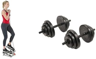Sunny Health & Fitness Advanced Mini Home Steppers, Total Body Workout Stair Machine w/Resistance + Exercise Vinyl 18 KG Dumbbell Set Hand Weights for Strength Training, Weight Loss, Workout Bench
