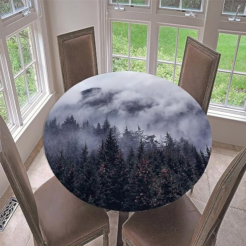 Hixingo 3D Bergkette Tischdecke Abwaschbar Gartentischdecke Tischdecke Elastisch Rund Tischdecken Tischtuch Outdoor Indoor Tisch Schutz für Restaurant, Familie (Nebliges Grau,Durchmesser 180cm)