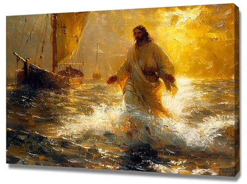 AMXBZC Christus Wanddekoration Jesus, Jesus Ozean Leinwand Poster Und Drucke Wandkunst Bilder Gemälde Für Wohnzimmer Heimtextilien - 60x90cm(24x35in) Gerahmt