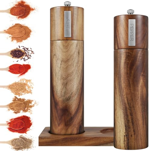 Ensemble de 2 moulins à sel et à poivre en bois, ensemble de moulins à sel et à poivre rechargeables avec plateau en bois, broyeurs à noyau en céramique réglables en grossièreté, moulins à sel et à po