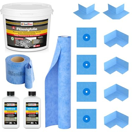 Isolbau Dichtset - Inkl. 1x Flüssigfolie (12 kg), 2x IsoGrund (1 L), 1x Dichtband (20 m), 1x Dichtbahn (3 m), 4x Innenecken, 2x Außenecken & 4x Manschetten - MPA