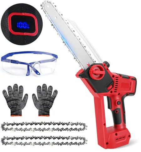Motosierra con batería compatible con batería Makita de 18 V, pantalla digital sin escobillas, sierra eléctrica con 2 cadenas, guantes y gafas protectoras para cortar ramas (sin batería) (6 pulgadas)