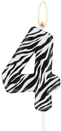 Zebra Geburtstagszahl Kerzen, Zebra 4 Geburtstagskerzen, Schwarze weiße Streifen Nummer 4 Kerze für Kuchen, Dschungel Tier Thema für Mädchen Jungen 4th Geburtstagsparty Dekorationen, Zebra zahl Kerzen