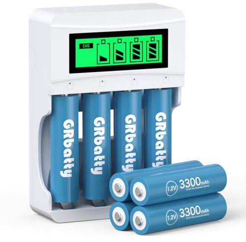 GRbatty Pile Rechargeable AA avec Chargeur,8PCS Piles AA Rechargeables NiMH 1,2V 3300mAh 1200 Cycles,Charge Rapide de 4 Slots Indépendants