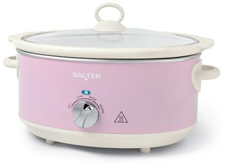 Salter Retro Pink 6.5L Slow Cooker – Electric Ceramic Cooking Pot, 3 Heat Settings & Keep Warm, Dishwasher Safe, Tempered Glass Lid, Cool Touch Handles, Stews, Casserole, Curries, Vintage Design, 200W