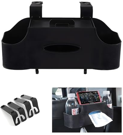 Tomalithic Pièce de Rangement Multifonctionnelle pour Appui-Tête de Siège Arrière de Voiture,Organisateur de Voiture, Détachable, Crochet + Boîte de Rangement + Boîte à Mouchoirs + Support - Noir