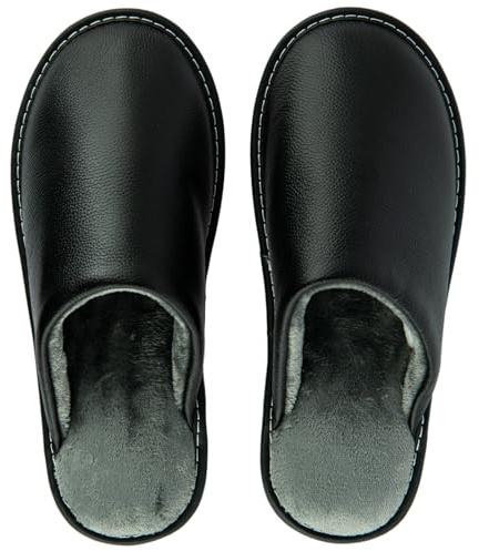 DISPADDY Unisex House Slippers, Genuine Leather Solid Color Minimalist Indoor Slippers for Women and Men, Soft Warm Flannel Lining, Lightweight Comfortable Flexible Anti-Slip Rubber Sole