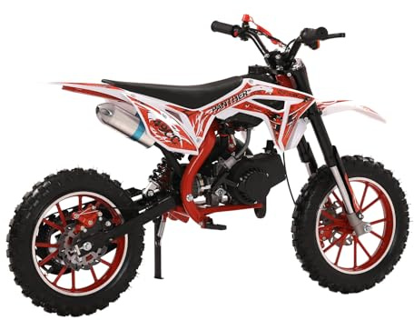 yifaeux 49cc Kids Dirt Bike, 2-Stroke Gas Power Motocross Off-Road Tires Shock Absorption Springs Soft Seat Cushion Pocket Motorbike with Front Rear Disc Brakes Red Red