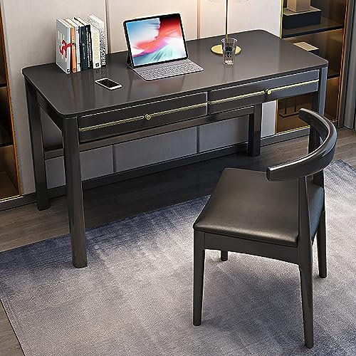 Scrivania moderna in legno massello, metà secolo, con 2 cassetti, postazione di lavoro stabile per computer per casa e ufficio, tavolo da studio con grande superficie, nero (80 x 60 x 75 cm)