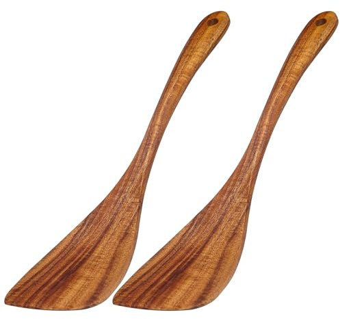 Galenecx 2 styck stekspade, 31 x 7 cm akaciaträ stekspade, non-stick träspateln, träspade med ådrning lång grepp, köksredskap, för non-stick belagda kokkärl