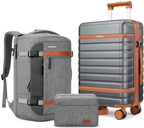 Velaybor Luggage Sets 3 Piece with Spinner Wheels, Lightweight PC Hardside Suitcase with TSA Lock & YKK Zippers, 20 Inch Carry On Luggage with Travel Bag for Men and Women, Grey