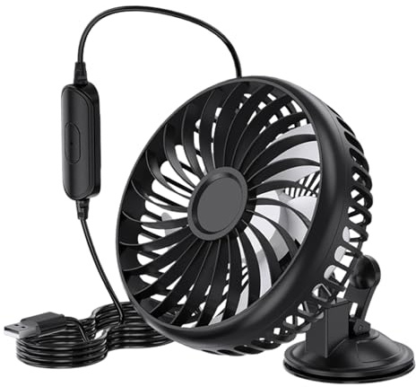 Car Fan, Air Blower, Suction Cup Quiet USB Powered with 3 Speed Levels, Compact Design, Easy to Mount Adjustable, Portable Ventilator, Black, Ideal for Tent, Desk, Travel, Driver Cabin