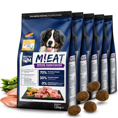 NutriQM® Senior Hundefutter Trocken | 5x1,5kg | Getreidefreies Trockenfutter mit Huhn & Kartoffel | Weniger Fett & Protein für Hunde ab 7 Jahren | Ohne Zucker & Konservierungsstoffe | Made in Germany