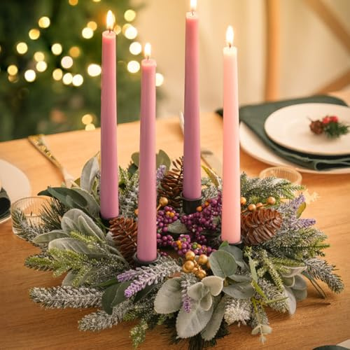 BLOSMON Corona de Adviento para centros de mesa de Navidad: anillo de portavelas de adviento de 14 pulgadas para decoración de mesa, decoración de candelabros de pino, bayas, Navidad, hogar, iglesia