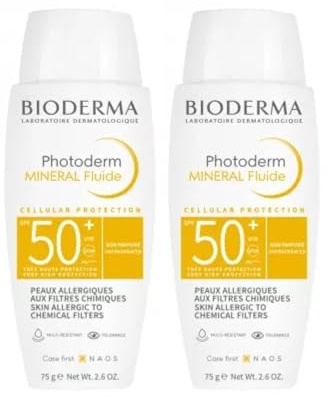 Photoderm | Mineral Fluide SPF50+ | Cellular Protection | Multi-Resistant & Tolérant | Très Haute Protection | Non parfumé | Peaux Allergiques | Fabriquée en France | Lot de 2x75g