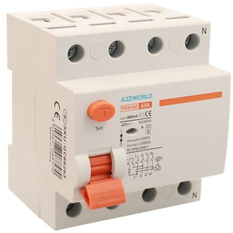 Interrupteur différentiel sélectif triphasé 63 A, RCCB type S classe A, 3P+N 10 kA 300 mA, retard 500 ms, 4 modules DIN 380 V AC, certifié IEC61008-1, série PR8HM électromagnétique