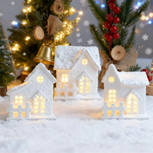 Akxlax Weihnachtsdorf mit Beleuchtung Timer Weihnachtsdeko Holz 3 Stück, Lichthaus Holzhaus Weiss Weihnachtsbaumdorf Weihnachtshaus Beleuchtet, Weihnachtsstadt Häuser, Weiß (B, Mit Timing)