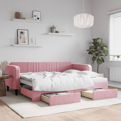 Frdhee Polsterbett Palettenbett, Tagesbett Ausziehbar mit Schubladen Rosa 90x200 cm Samt, Großer Stauraum, Leicht zu Montieren und Stabil