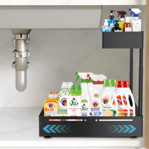 Eroshoo Organisateur de cuisine, étagère sous évier, étagère de Rangement Extensible, Panier de Rangement Réglable en Hauteur Pour la Cuisine, la salle de Bain, les Produits d'entretien, Noir