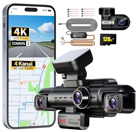 360 Grad 4K Dashcam Auto mit 24H Parküberwachung, 4 Kanal Auto Kamera, N500 | STARVIS 2, 5G WLAN APP, Inklusive 128GB SD-Karte, HDR-Nachtsicht, GPS, Integriertem Radar, AI Fahrerüberwachung, Privacy Mode