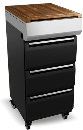 BURNHARD® Grillwagen für deinen Gasgrill – erweiterbarer Seitentisch mit 3 Soft-Close Schubladen, Schneidebrett aus Akazienholz & 2 GN-Containern, auch passend für Grant