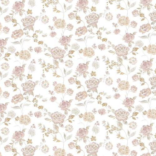Fiula Vintage Blush Pink Floral Peel and Stick Wallpaper 44cm x 300cm, Waterproof Vinyl Self Adhesive Sticky Back Plastic, Removable Rose Wallpaper for Bedroom, Living Room & Furniture