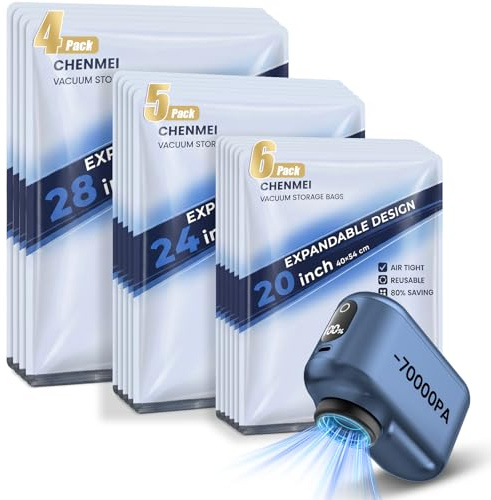 Vacuum Storage Bags with Electric Pump, 15-Pack Vacuum Bags for Travel | -70kPa Cordless Rechargeable Pump, 3 Sizes of Thick PA+PE Vacuum Pack Bags for Clothes & Suitcases, Saves Up to 90% Space