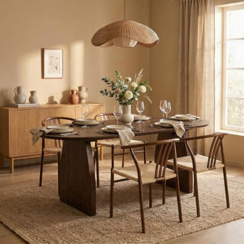Esstisch AKOLA oval 200 x 90 cm, Braun - Esszimmertisch aus Mangoholz, Küchentisch mit abgeschrägter Kante und skulpturale Tischbeine, großzügige Tischplatte für 6-8 Personen, ideal für Essbereich