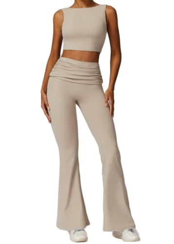 2-delad yogasätt, träningskläder med snabbtorkande material, vidbyxa och bh-sätt för gym(Size:M,Color:Apricot)