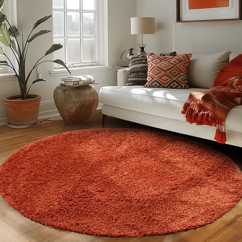 Carpettex Runder Teppich Wohnzimmer Hochflor Einfarbiges Design Langflor Shaggy Modern Flauschig, Farbe: Terrakotta, Größe: 200 cm Rund
