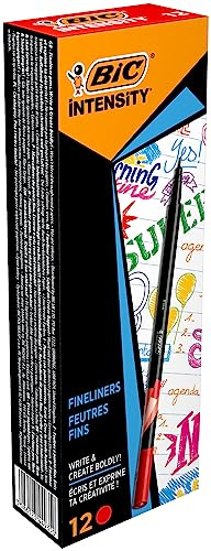 BIC Intensity Fineliner, Filzstifte Set mit 12 Stiften in Rot, mit feiner Spitze, Ideal für das Büro, das Home Office oder die Schule
