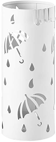 WOLTU Regenschirmständer aus Eisen, Ø20 x H49cm, Schirmständer mit Wasserauffangschale, 4 Haken für Taschenschirme, Weiß Rund SST01ws
