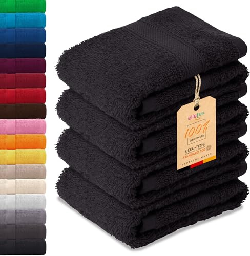 EllaTex Paris 4er Set Gästetücher 30x50 cm – 100% Baumwolle, 500 g/m² Frottier, flauschig, Farbe: Schwarz